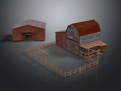 Cartoon Farm Scene With Small And Large Red Brown Barns And Wooden Fence 3d model