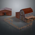 Cartoon Farm Scene With Small And Large Red Brown Barns And Wooden Fence