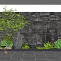 Courtyard Garden Design With Stone Wall Water Feature Green Plants Stone Tiles And Wooden Chairs