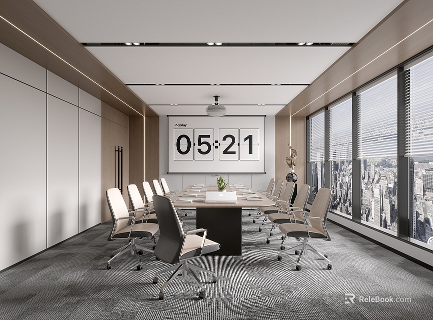 Modern Conference Room Interior With Long Table Chairs Clock Showing 0521 Large Windows City View 3d model 