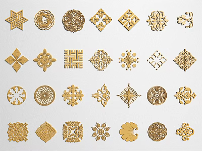 Intricate Golden Decorative Carvings With Various Traditional Ornamental Patterns On White Background 3d model