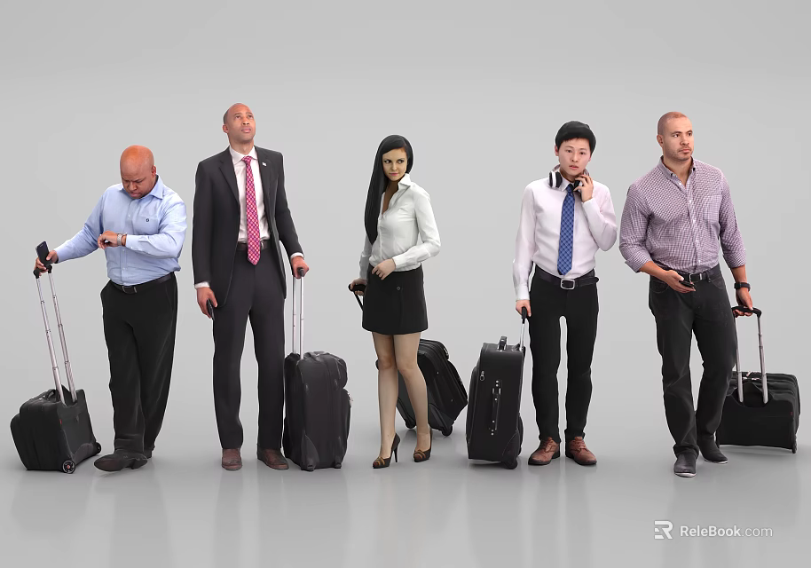 Group of People Carrying Luggage Walking Together in Formal Attire 3d model 