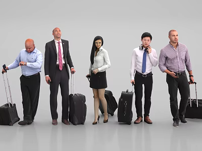 Group of People Carrying Luggage Walking Together in Formal Attire 3d model