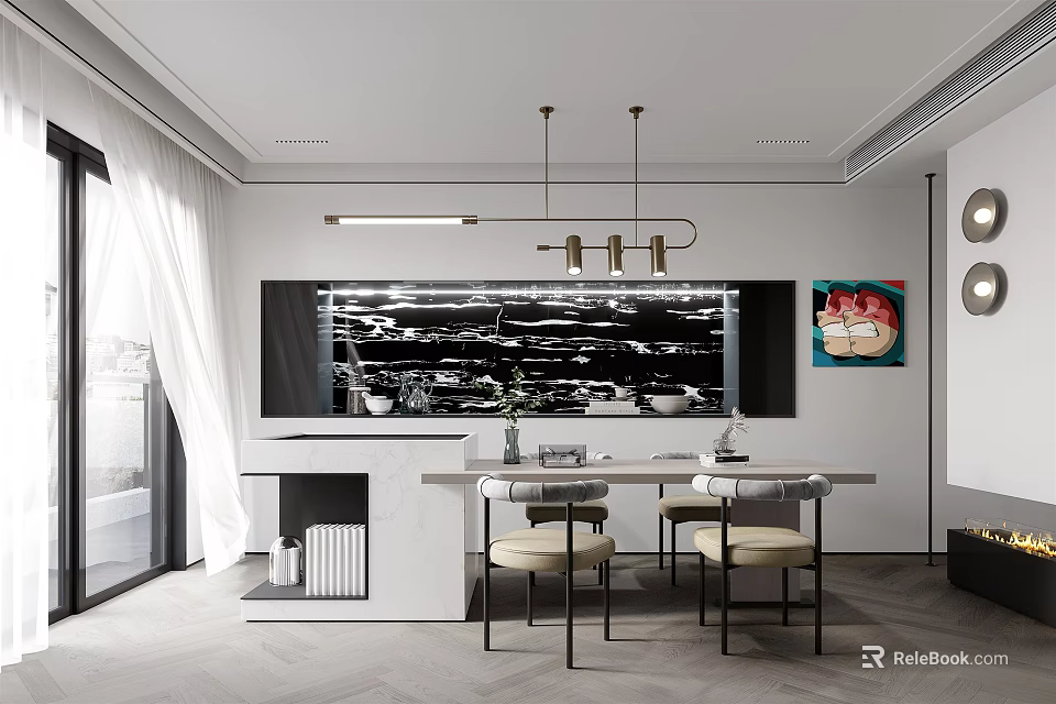 Modern Restaurant Interior With Marble Backsplash Pendant Lights And Dining Chairs 3d model