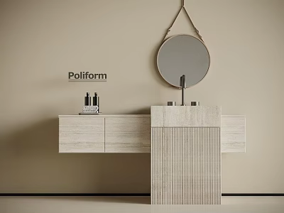 Poliform Modern Washbasin Interior With Round Mirror And Textured Cabinet On Beige Wall 3d model