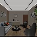 Modern Office Interior With Sofa Chairs Green Plants Large Windows City View And Decorative Paintings