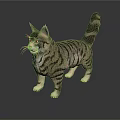 Detailed Striped Cat 3D Model Standing on Black Background with Reflection