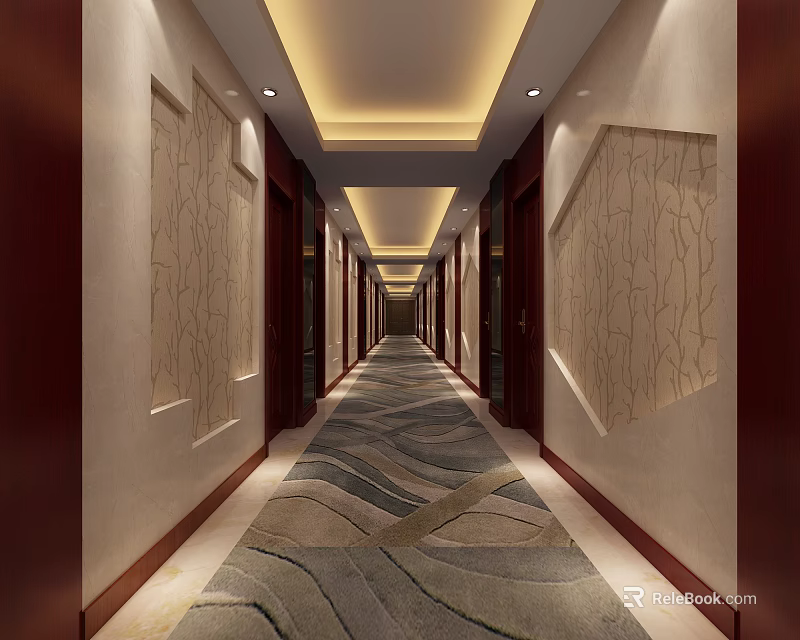 Elegant Hotel Corridor With Long Patterned Carpet Decorative Wall Panels And Ceiling Lights 3d model