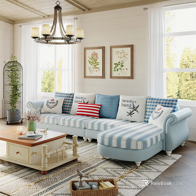 Blue And White Striped Sectional Sofa With Decorative Pillows Coffee Table And Botanical Wall Art 3d model 