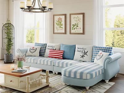 Blue And White Striped Sectional Sofa With Decorative Pillows Coffee Table And Botanical Wall Art 3d model