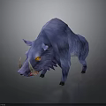 Blue Boar with Yellow Eyes and White Tusks Standing Against Black Background with Reflection