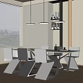 Modern Dining Table Set With White Black Chairs Pendant Lights And Bookshelf By Window