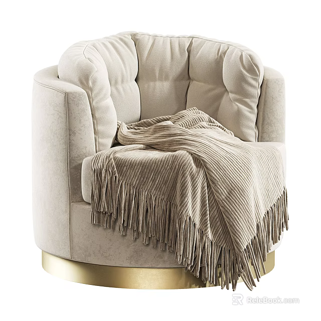 Cozy Beige Velvet Lounge Chair with Fringed Blanket and Gold Base 3d model 