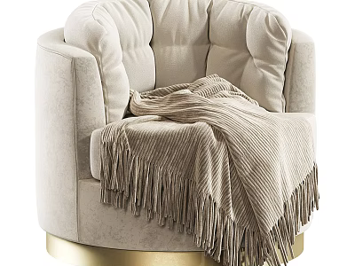 Cozy Beige Velvet Lounge Chair with Fringed Blanket and Gold Base 3d model