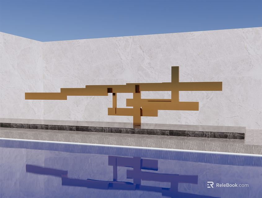 Golden Geometric Landscape Sculpture Against White Wall With Pool Reflection 3d model 