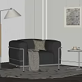Stylish Single Seater Leather Sofa With Geometric Cushion And Floor Lamp In Modern Living Room