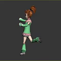 3D Anime Girl Character With Red Ponytail Green Outfit Pink Bow Green Gloves Dancing Pose