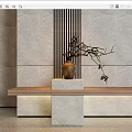 Ceramic Vase With Twig Branches On Marble Pedestal Against Vertical Striped Wall