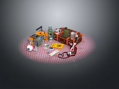 Modern Picnic Setup With Checkered Cloth Wooden Crate Bottles And Utensils 3d model