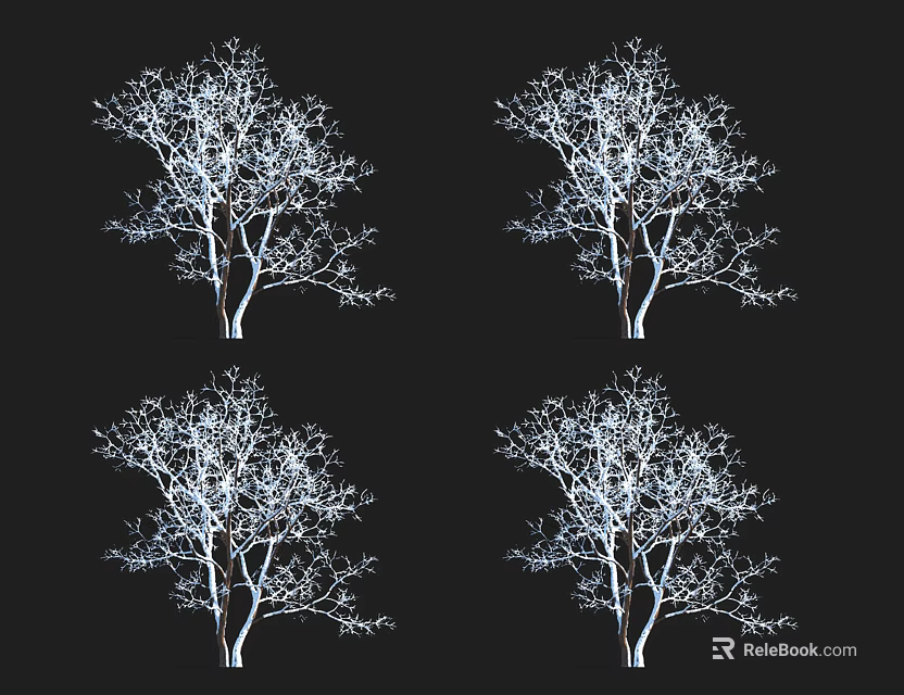 Four Leafless Trees With White Silhouette On Black Background Design Artwork 3d model 