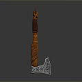 Traditional Decorative Axe With Orange Brown Wooden Handle Carved Patterns And Metal Head