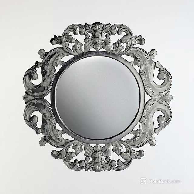 Classical Style Round Decorative Mirror With Intricate Carved Ornate Frame 3d model 