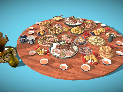 Assorted Delicious Foods on Round Wooden Table with Meats Fruits Pastries Sauces and Golden Teapot 3d model