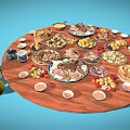 Assorted Delicious Foods on Round Wooden Table with Meats Fruits Pastries Sauces and Golden Teapot