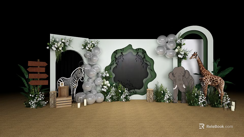 Animal Theme Party Decor with Balloons Green Plants and Wooden Elements Zebra Elephant Giraffe Cutouts 3d model 