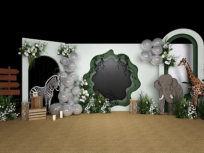 Animal Theme Party Decor with Balloons Green Plants and Wooden Elements Zebra Elephant Giraffe Cutouts 3d model