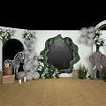 Animal Theme Party Decor with Balloons Green Plants and Wooden Elements Zebra Elephant Giraffe Cutouts