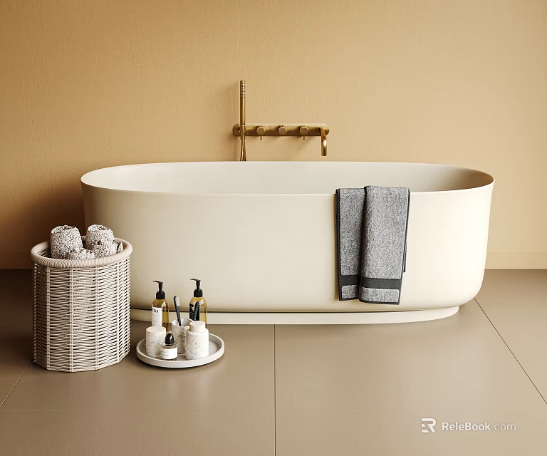 White Bathtub With Gold Faucet Beige Wall Wicker Basket Gray Towel Tray And Toiletries 3d model 