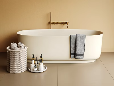 White Bathtub With Gold Faucet Beige Wall Wicker Basket Gray Towel Tray And Toiletries 3d model
