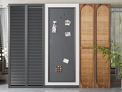 Stylish Room Dividers With Dark Gray Louvered Panel Gray Door And Rattan Woven Design 3d model