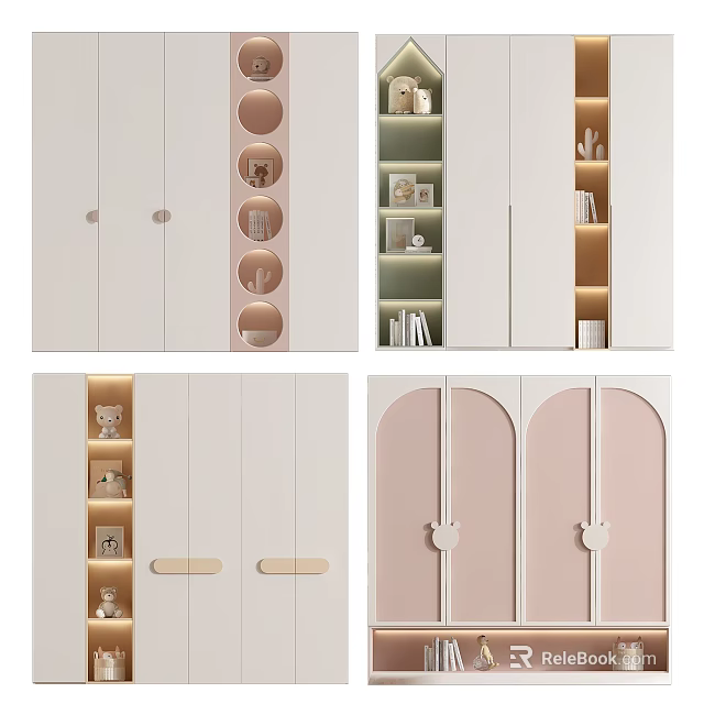 Modern Wardrobe Design With White Pink Open Shelves Lighting And Circular Accents 3d model 