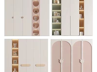 Modern Wardrobe Design With White Pink Open Shelves Lighting And Circular Accents 3d model