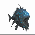Blue Glowing Spotted Fish With Large Mouth And Sharp Teeth On Dark Background