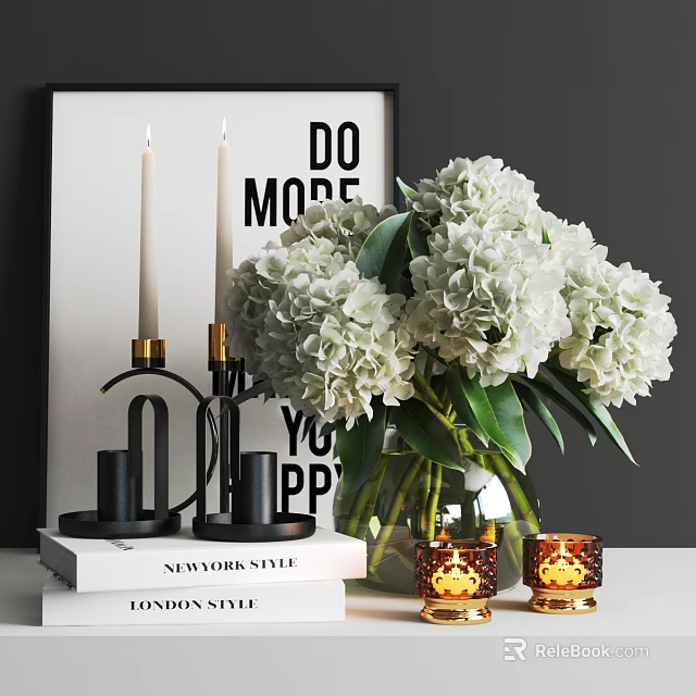 Elegant Decorative Ornament Set with White Hydrangeas Candles Book Art Print and Candle Holders 3d model 