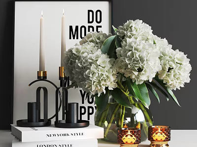 Elegant Decorative Ornament Set with White Hydrangeas Candles Book Art Print and Candle Holders 3d model