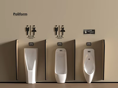 Modern Restroom With Three White Urinals And Gender Signs On Wall 3d model