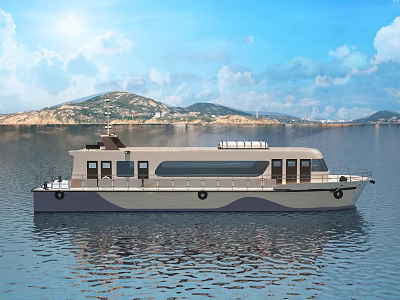 Modern Boat Sailing On Calm Water With Mountain And Blue Sky 3d model