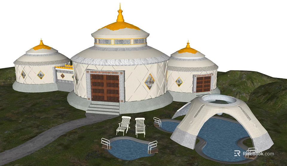 Traditional Yurt Complex With Yellow Roofs White Exteriors Wooden Doors Small Pools And Chairs 3d model 
