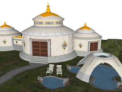 Traditional Yurt Complex With Yellow Roofs White Exteriors Wooden Doors Small Pools And Chairs 3d model