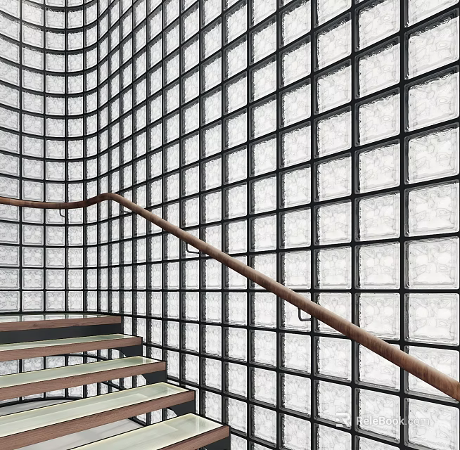 Grid Patterned Room Divider Screen With Black Frame Light Panels Staircase Handrail 3d model
