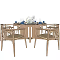 Modern Wooden Dining Table Set With Four Chairs And Decorative Tableware 3d model