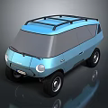 Blue Retro Styled Compact Van With Roof Rack Off Road Tires And Round Headlights