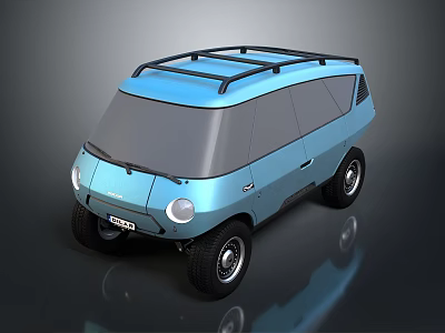Blue Retro Styled Compact Van With Roof Rack Off Road Tires And Round Headlights 3d model