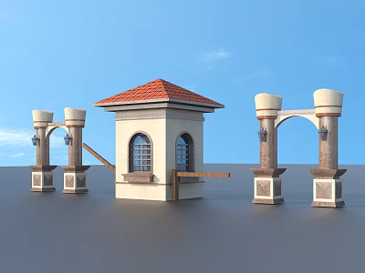 Stone Archway Entrance With Red Tile Roof Kiosk And Blue Sky Background 3d model