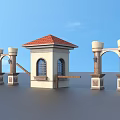 Stone Archway Entrance With Red Tile Roof Kiosk And Blue Sky Background