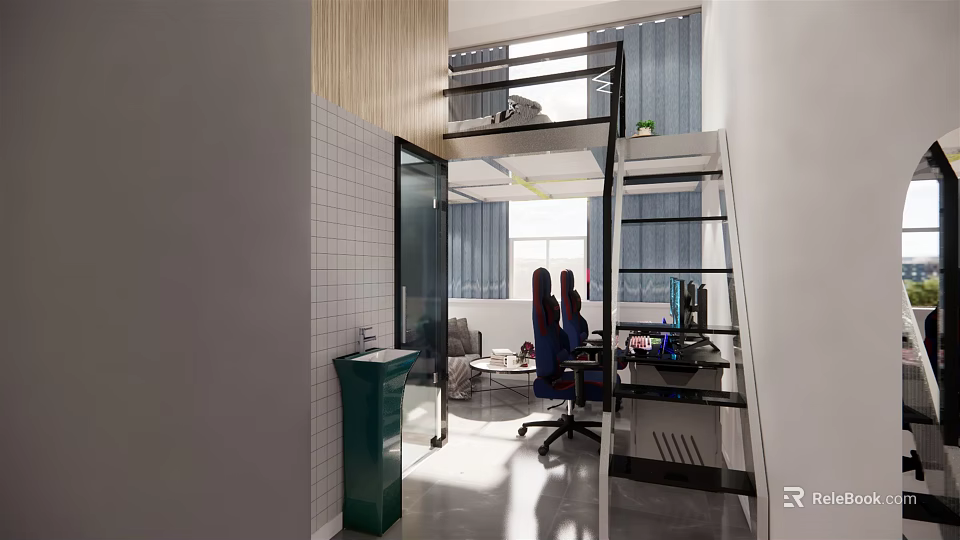 Modern Hotel Room Interior Featuring Loft Style Work Desk Ergonomic Chair and Large Windows 3d model 